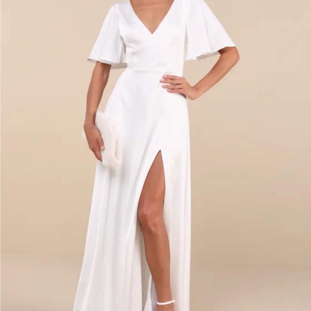White Satin Flutter Sleeve Cutout Maxi Dress
